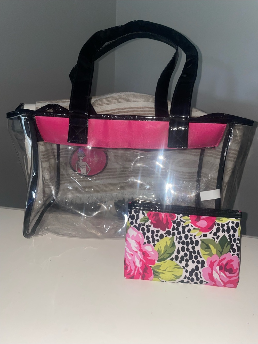Clear Tote Bag with Pink Trim and Floral Pouch